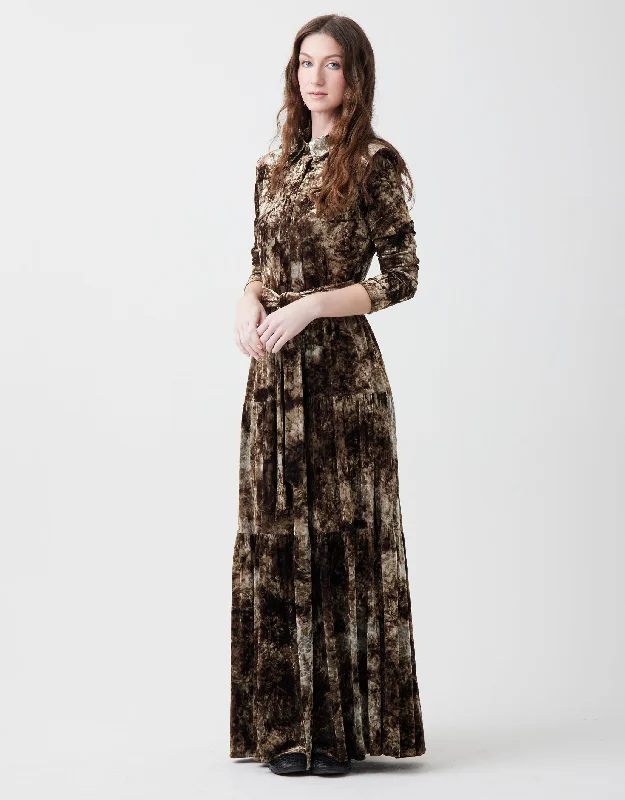 Fleece men's robes for cozy winter nights at homeCrushed Velvet Maxi Shirt Dress Shabbos Robe with Smocked Back and Self Tie Brown Multi