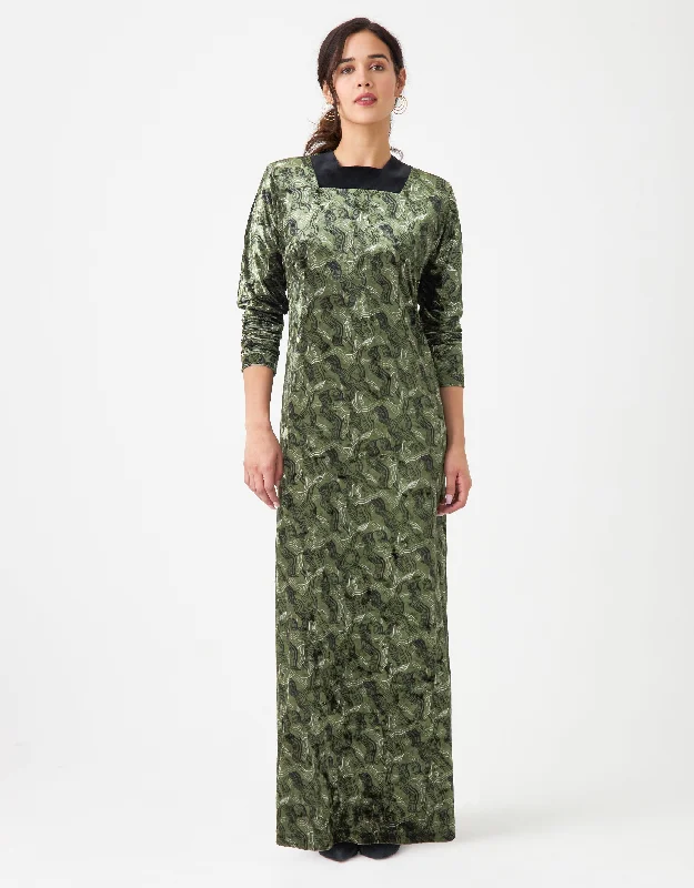Beach - themed men's robes for a vacation vibeCrushed Velvet Square Neck Maxi Dress Shabbos Robe With Back Zipper Green Print Beach - themed men's robes for a vacation vibeCrushed Velvet Square Neck Maxi Dress Shabbos Robe With Back Zipper Green Print