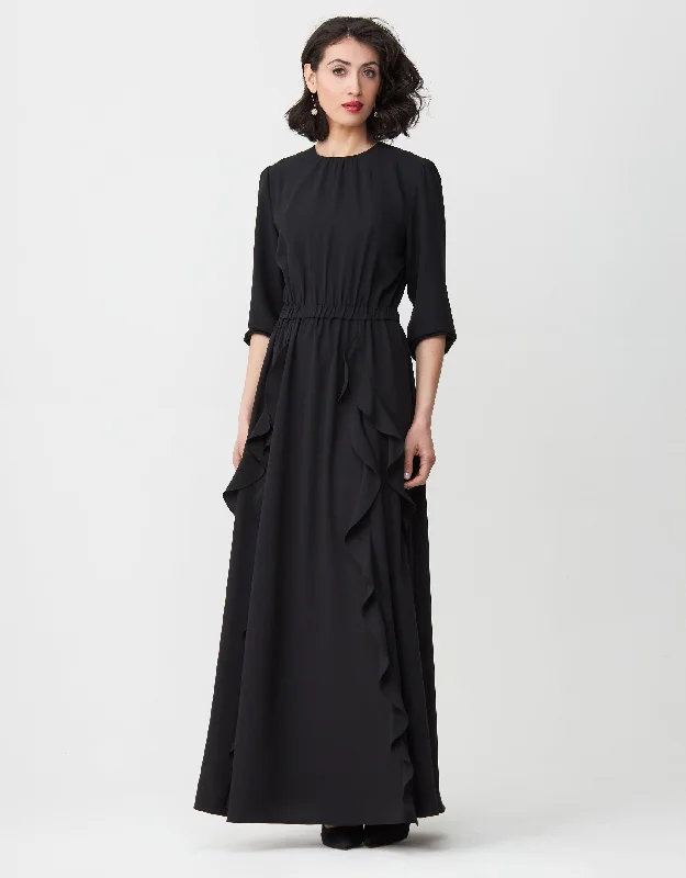 Tie - waist men's robes for a customizable fitElastic Waist Long Sleeve Lined Maxi Dress Shabbos Robe with Ruffled Skirt
