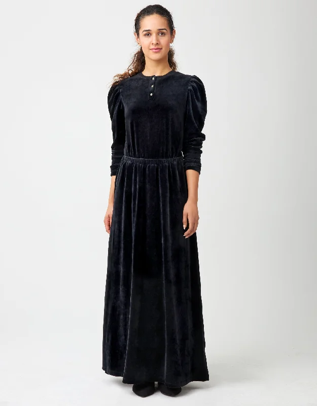 Men's robes with multiple pockets for convenienceElastic Waist Velour Maxi Dress Shabbos Robe with Gold Buttons