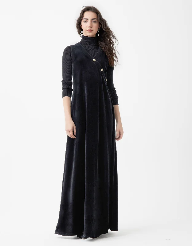 Embroidered men's robes for a touch of eleganceFaux Crossover Velour Sleeveless Maxi Dress Shabbos Robe with Gold Buttons