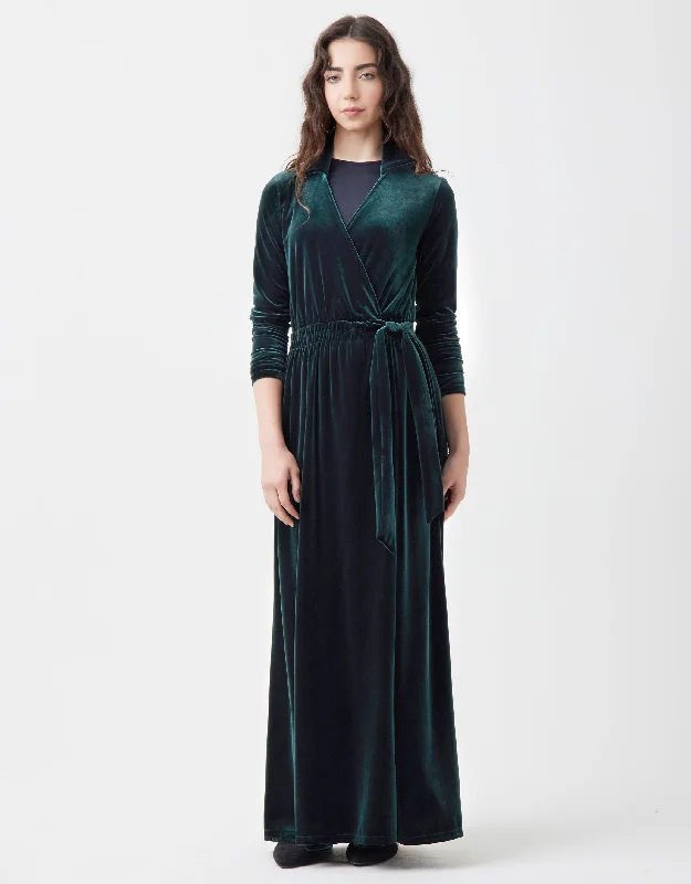 Embroidered men's robes for a touch of eleganceFaux Wrap Velvet Maxi Dress Shabbos Robe with Side Tie Forest