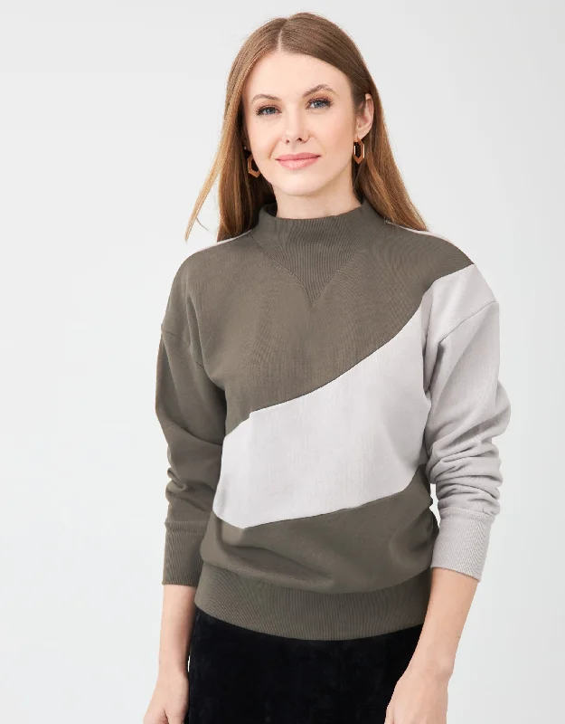 Beach - themed men's robes for a vacation vibeFrench Terry Color Block Funnel Neck Sweatshirt Khaki Gray