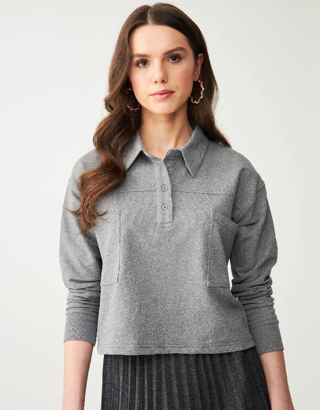 Fleece men's robes for cozy winter nights at homeFrench Terry Cropped Button Collar Top With Back Pleat Heather Gray Fleece men's robes for cozy winter nights at homeFrench Terry Cropped Button Collar Top With Back Pleat Heather Gray