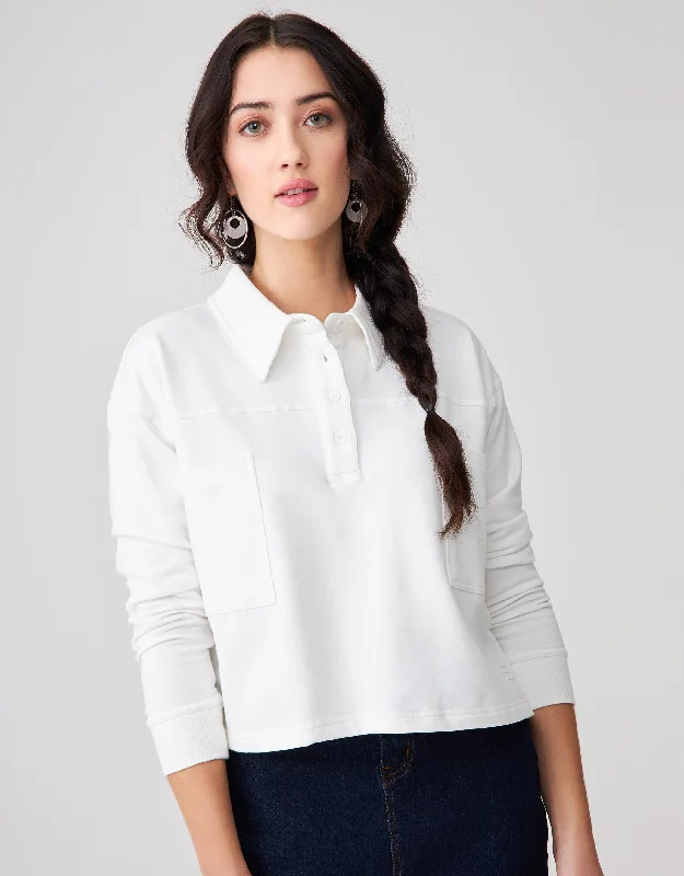 Lightweight men's robes for summer loungingFrench Terry Cropped Button Collar Top With Back Pleat White Lightweight men's robes for summer loungingFrench Terry Cropped Button Collar Top With Back Pleat White