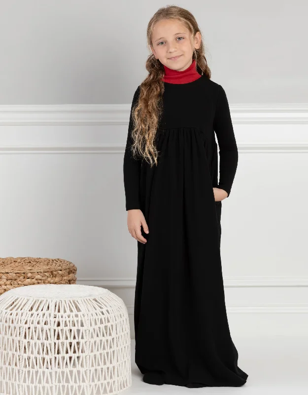 Long - length men's robes for full - body coverageGirls Jersey Maxi Dress Shabbos Robe with Contrast Turtle Neck Black Red Long - length men's robes for full - body coverageGirls Jersey Maxi Dress Shabbos Robe with Contrast Turtle Neck Black Red