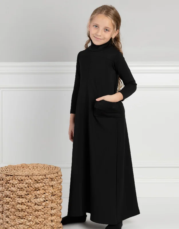Beach - themed men's robes for a vacation vibeGirls Maxi Shabbos Robe with Turtleneck and Cargo Pockets Black