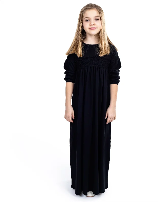 Jacquard - patterned men's robes for a stylish appearanceGirls Maxi Shirt Dress Shabbos Robe With Mini Ruffle and Smocking Black Jacquard - patterned men's robes for a stylish appearanceGirls Maxi Shirt Dress Shabbos Robe With Mini Ruffle and Smocking Black