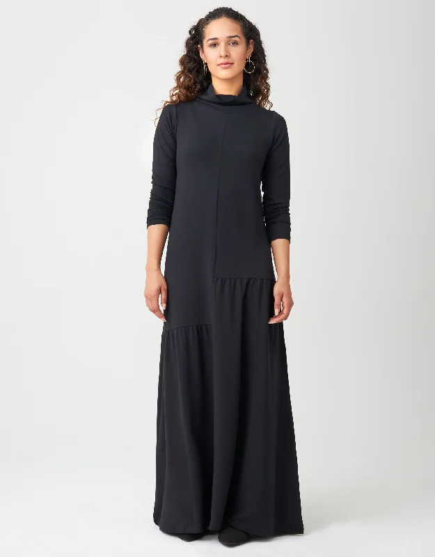 Luxury men's silk robes for a spa - like experienceJersey Knit Split Tiered Maxi Dress Shabbos Robe with Turtleneck Black Luxury men's silk robes for a spa - like experienceJersey Knit Split Tiered Maxi Dress Shabbos Robe with Turtleneck Black