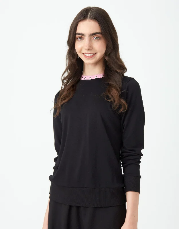 Fleece men's robes for cozy winter nights at homeCrew Top with Studded Contrast Rib Black Pink
