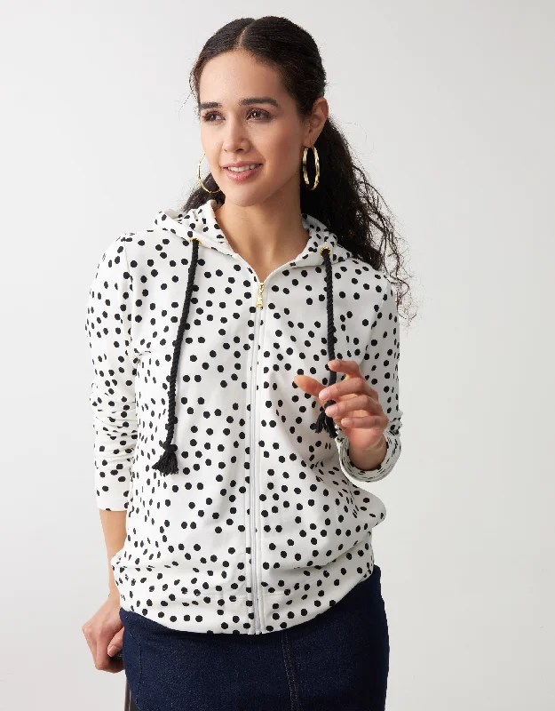 Tie - waist men's robes for a customizable fitJersey Zippered Hoodie with Rope Cord Ivory with Black Dots