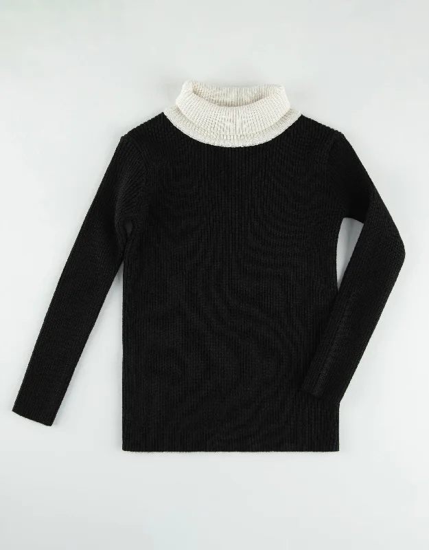 Waffle - weave men's robes for a textured feelKids Rib Knit Sweater With Contrast Turtle Neck Black Ivory