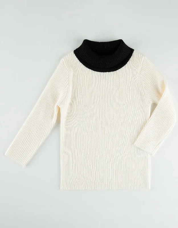 Embroidered men's robes for a touch of eleganceKids Rib Knit Sweater With Contrast Turtle Neck Ivory Black
