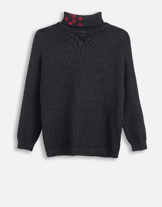 Monogrammed men's robes as a personalized giftKids Fine Knit Sweater with Embroidered Turtle Neck Black