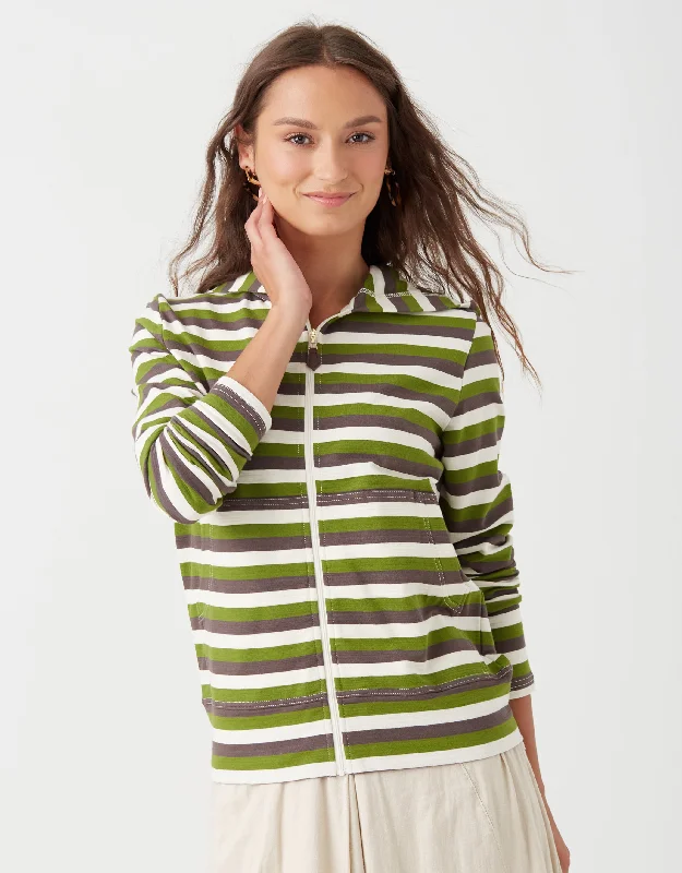 Men's robes with a hidden button closureLight French Terry Striped Kanga Zip Hoodie Gray Green Multi