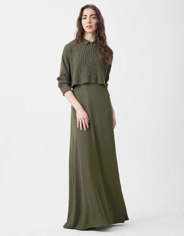 Lightweight men's robes for summer loungingLined Crepe Sleeveless Maxi Shirt Dress Shabbos Robe With Crop Top Olive