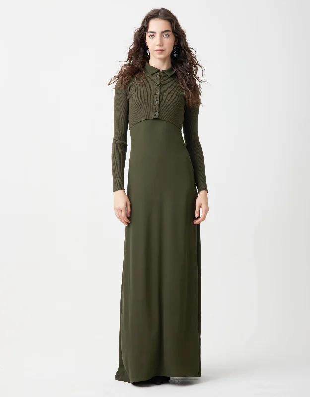 Short - style men's robes for a modern lookLined Crepe Sleeveless Maxi Shirt Dress Shabbos Robe With Ribbed Cardi Olive