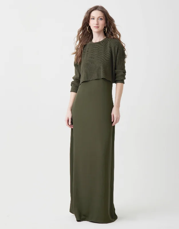 Water - resistant men's robes for post - shower useLined Satin Sleeveless Maxi Crew Dress Shabbos Robe With Crop Top Olive