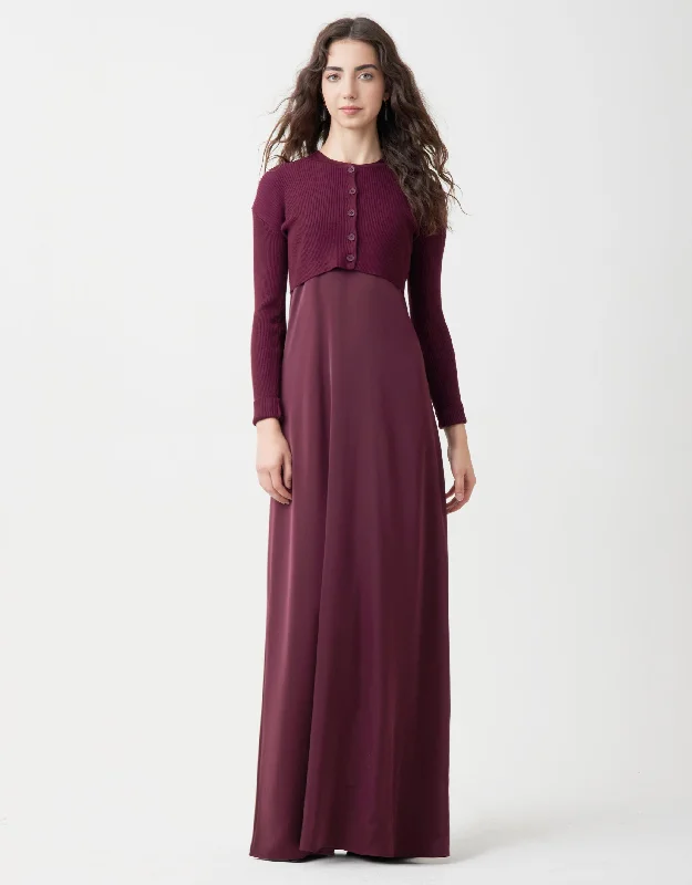 Men's robes made from sustainable materialsLined Satin Sleeveless Maxi Crew Dress Shabbos Robe With Ribbed Cardi Wine