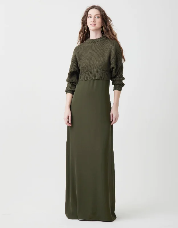 Plush men's robes with a Sherpa liningLined Satin Sleeveless Maxi Crew Dress Shabbos Robe With Shaker Sweater Olive