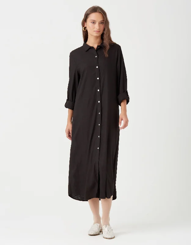 Water - resistant men's robes for post - shower useLinen Button Down Dress with Tabbed Sleeves Black