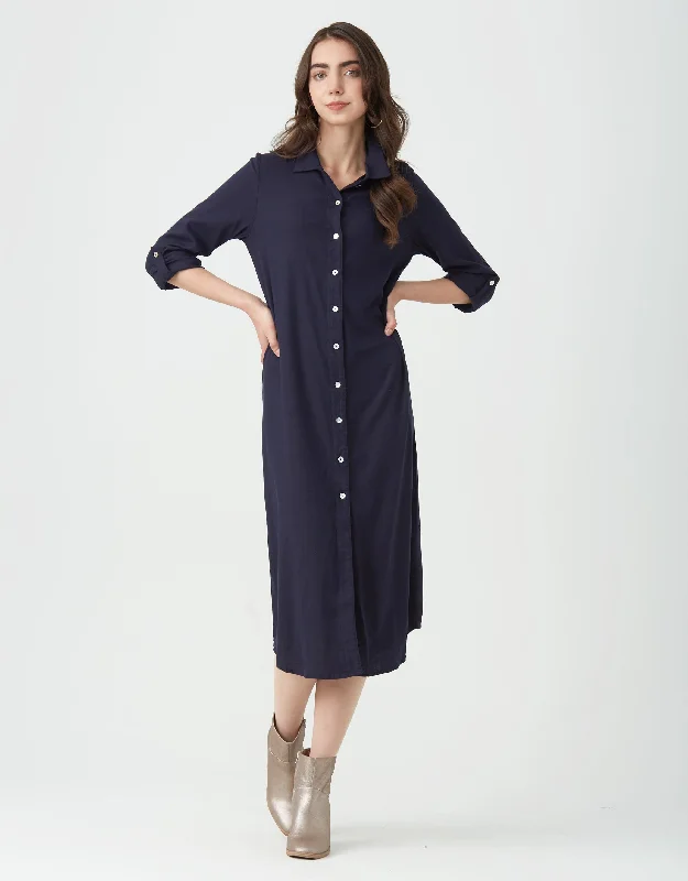 Short - style men's robes for a modern lookLinen Button Down Dress with Tabbed Sleeves Navy