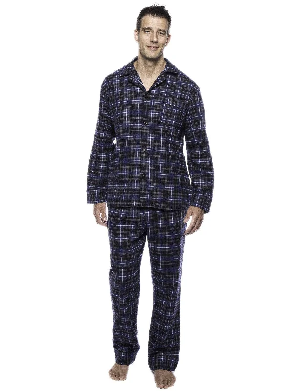 Tie - waist men's robes for a customizable fitBox Packaged Men's Premium 100% Cotton Flannel Pajama Sleepwear Set - Plaid Navy/Black