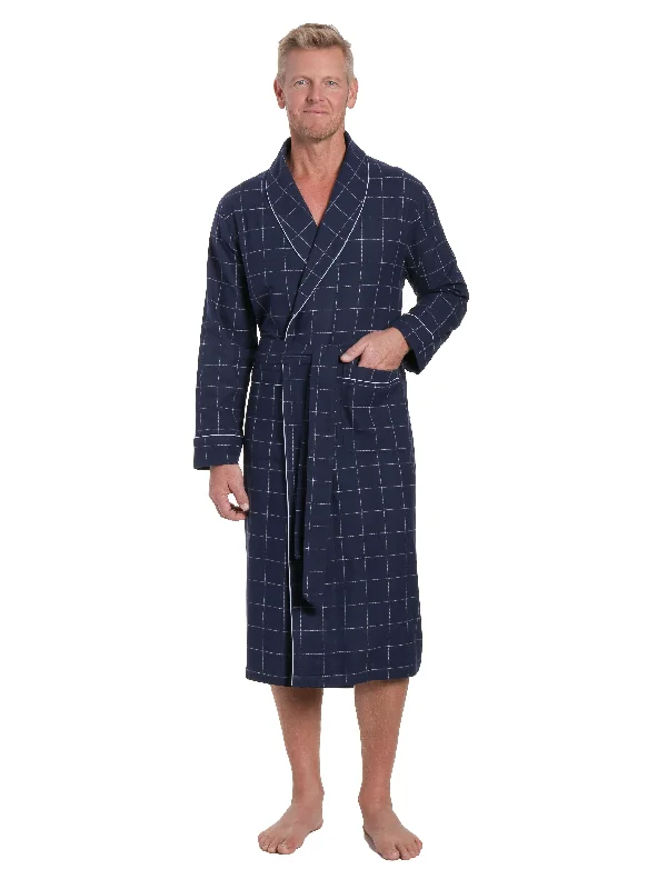 Embroidered men's robes for a touch of eleganceMens Premium 100% Cotton Flannel Robe - Windowpane Checks - Navy Embroidered men's robes for a touch of eleganceMens Premium 100% Cotton Flannel Robe - Windowpane Checks - Navy