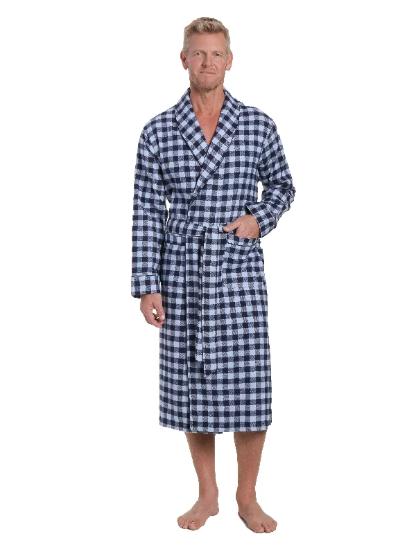 Long - length men's robes for full - body coverageMens Premium 100% Cotton Flannel Robe - Gingham Checks - Navy Blue Long - length men's robes for full - body coverageMens Premium 100% Cotton Flannel Robe - Gingham Checks - Navy Blue