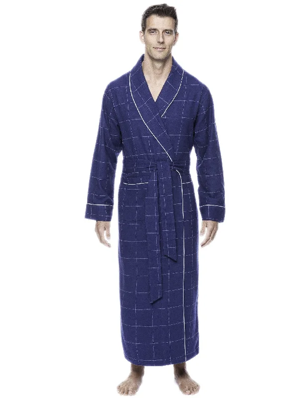 Men's robes with a hidden button closureBox Packaged Men's Premium 100% Cotton Flannel Long Robe - Windowpane Checks Dark Blue Men's robes with a hidden button closureBox Packaged Men's Premium 100% Cotton Flannel Long Robe - Windowpane Checks Dark Blue