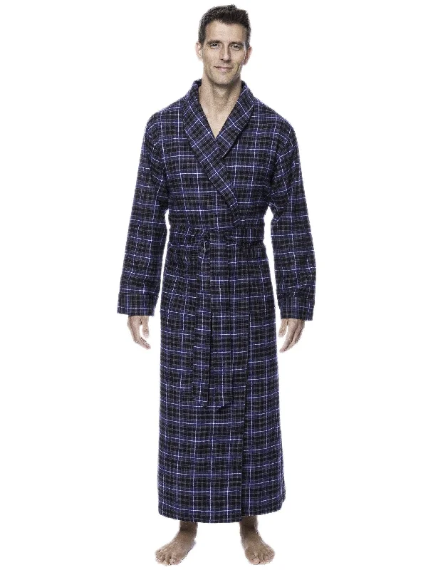 Tie - waist men's robes for a customizable fitBox Packaged Men's Premium 100% Cotton Flannel Long Robe - Plaid Navy/Black