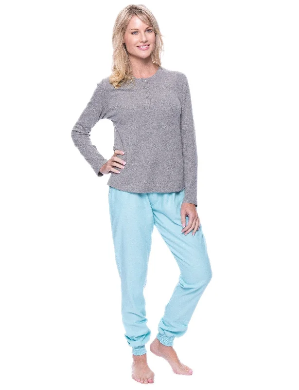 Cotton men's robes with a classic shawl collarWomen's Premium Flannel Jogger Lounge Set - Herringbone Aqua