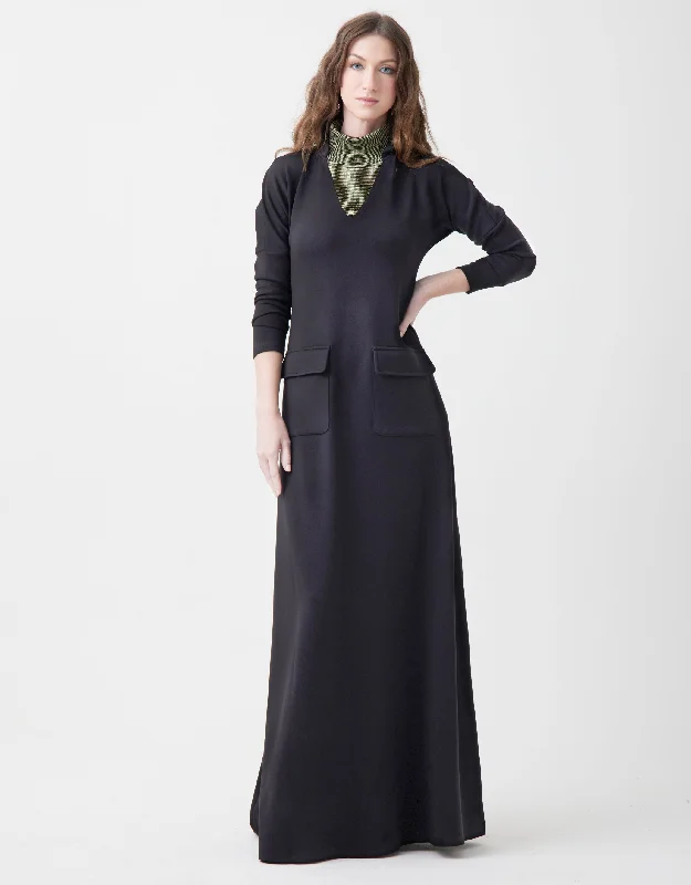 Lightweight men's robes for summer loungingPonte Maxi Dress Shabbos Robe with Patch Pockets and Lurex Turtle Neck Black/ Gold