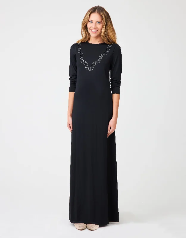 Long - length men's robes for full - body coveragePull On Layered Nursing Nightgown with Contrast Stitched Waves Black Long - length men's robes for full - body coveragePull On Layered Nursing Nightgown with Contrast Stitched Waves Black