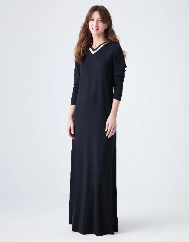 Men's robes with multiple pockets for conveniencePull On Nightgown with Satin Trimmed Vneck Black Ivory Men's robes with multiple pockets for conveniencePull On Nightgown with Satin Trimmed Vneck Black Ivory