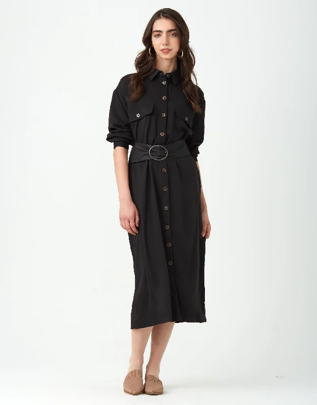Long - length men's robes for full - body coverageRayon Button Down Dress with Cargo Pockets Black