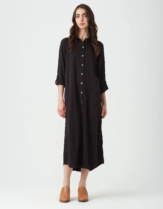 Men's robes with a satin trim for added sophisticationRayon Button Down Dress with Tabbed Sleeves Black