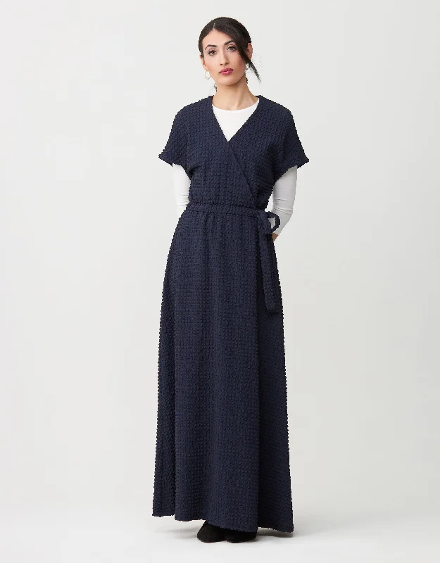 Loungewear - style men's robes for casual daysSatin Seersucker Lined Mock Wrap Maxi Dress Shabbos Robe with Self Tie Navy Loungewear - style men's robes for casual daysSatin Seersucker Lined Mock Wrap Maxi Dress Shabbos Robe with Self Tie Navy