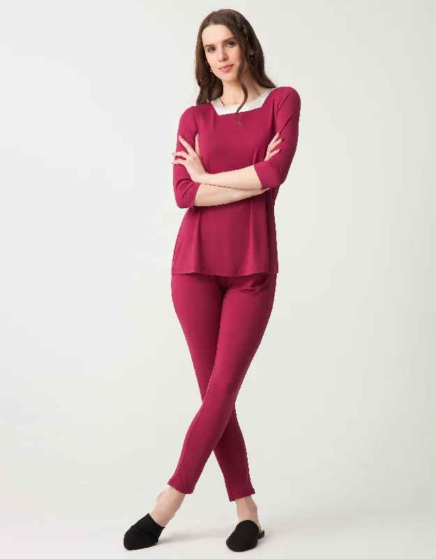 Short - style men's robes for a modern lookSoft Pajama Legging Set with Square Cut Satin Neckline Berry Short - style men's robes for a modern lookSoft Pajama Legging Set with Square Cut Satin Neckline Berry