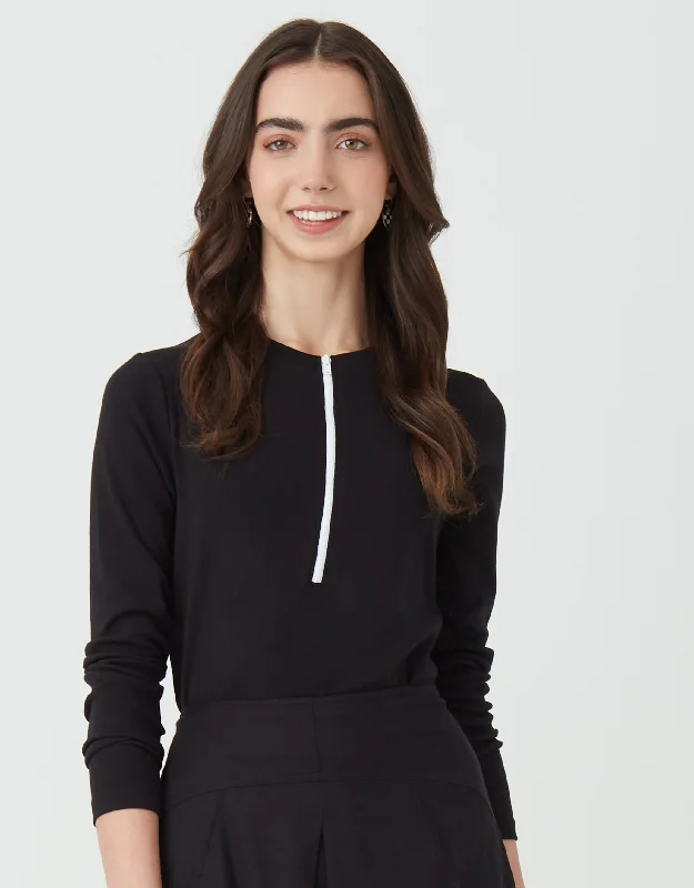 Men's robes with multiple pockets for convenienceStraight Hem Crew Tee with Contrast Half Zip Black
