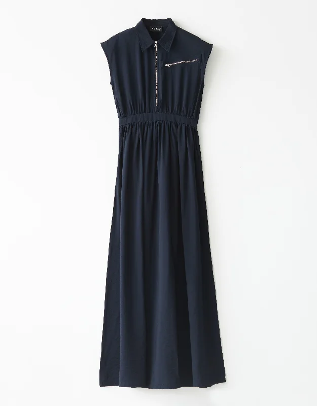 Jacquard - patterned men's robes for a stylish appearanceTextured Sleeveless Maxi Dress Shabbos Robe with Zipper Trim Navy Jacquard - patterned men's robes for a stylish appearanceTextured Sleeveless Maxi Dress Shabbos Robe with Zipper Trim Navy
