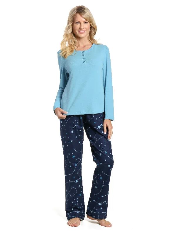 Men's robes with a hidden button closureWomens Cotton Flannel Lounge Set with Henley Top - Constellations Blue Men's robes with a hidden button closureWomens Cotton Flannel Lounge Set with Henley Top - Constellations Blue