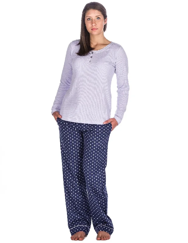 Jacquard - patterned men's robes for a stylish appearanceRelaxed Fit Womens Cotton Flannel Lounge Set with Crew Neck Top - Stars Blue