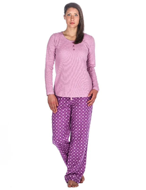 Hooded men's robes for extra warmth and comfortRelaxed Fit Womens Cotton Flannel Lounge Set with Crew Neck Top - Polka Circles Purple