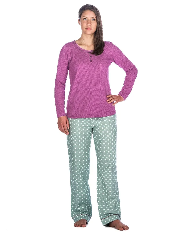 Long - length men's robes for full - body coverageRelaxed Fit Womens Cotton Flannel Lounge Set with Crew Neck Top - Polka Circles Green