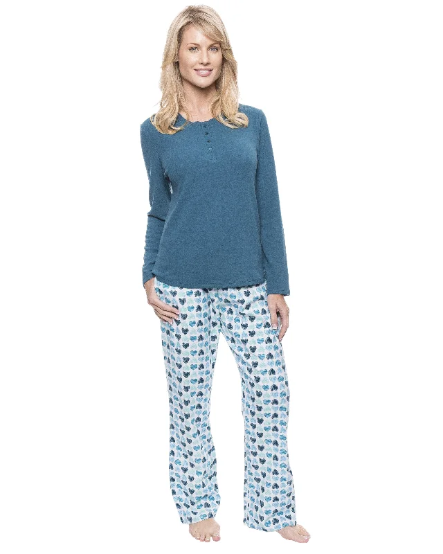 Waffle - weave men's robes for a textured feelWomens Cotton Flannel Lounge Set with Henley Top - Scribbled Hearts White/Blue