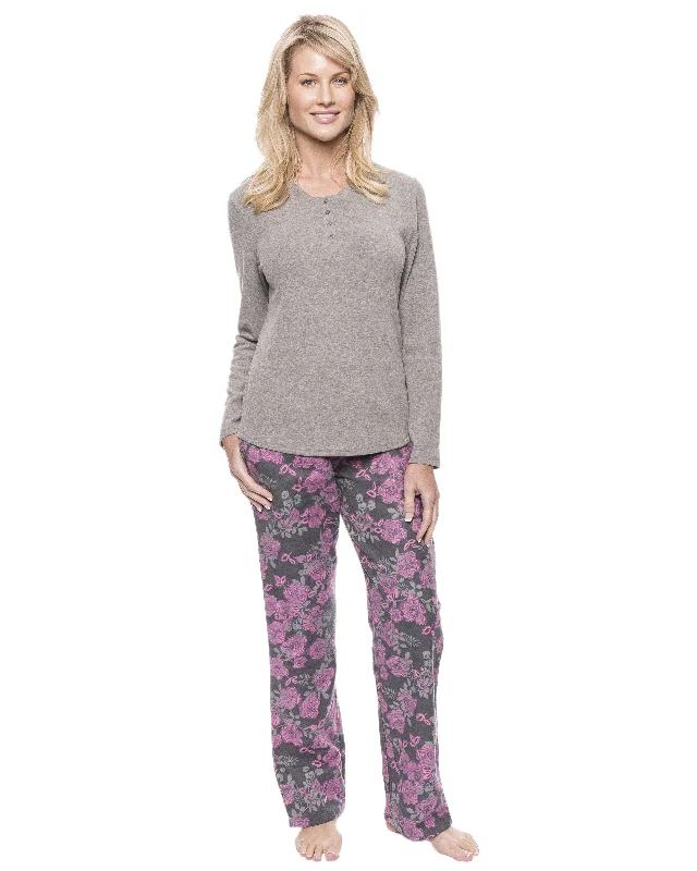 Men's robes with a satin trim for added sophisticationWomens Cotton Flannel Lounge Set with Henley Top - Floral Grey/Pink