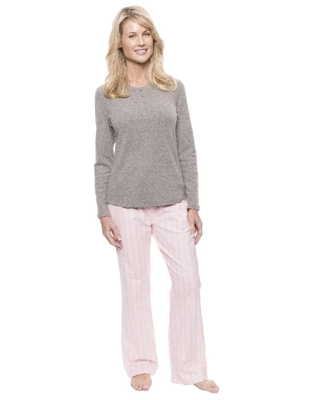 Men's robes with a hidden button closureWomens Cotton Flannel Lounge Set with Henley Top - Stripes Pink