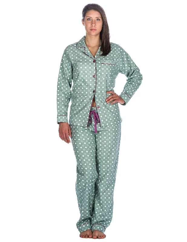Loungewear - style men's robes for casual daysRealxed Fit Womens 100% Cotton Flannel Pajama Sleepwear Set - Polka Circles Green