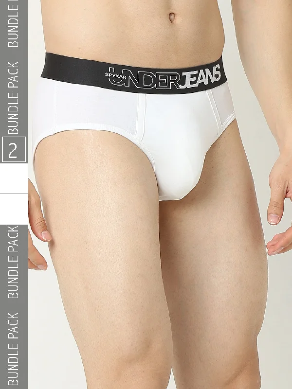 Patterned men's briefs with unique printsUnderjeans By Spykar Men Premium White Brief Pack Of 2